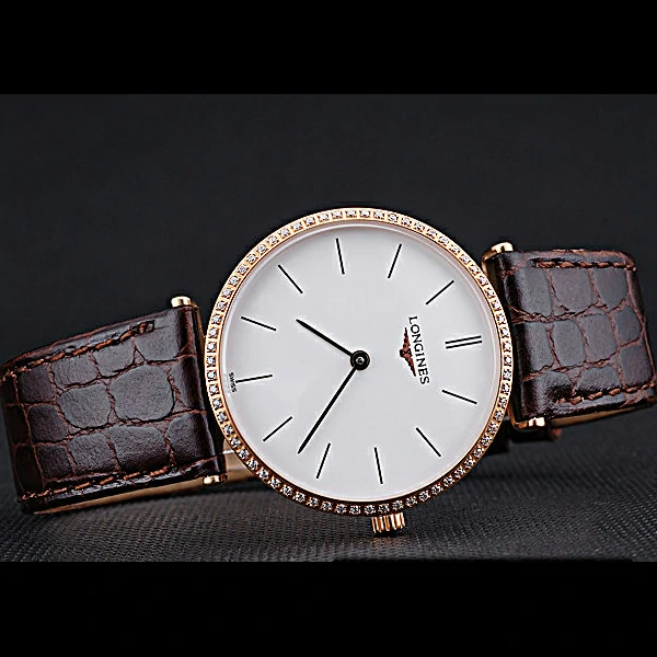 Longines La Grande Classique Diamond Bezel White Dial Brown Leather Strap Homme new60014