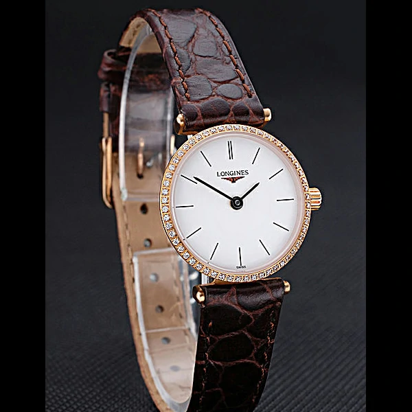 Longines La Grande Classique Diamond Bezel White Dial Brown Leather Strap Femme new60015