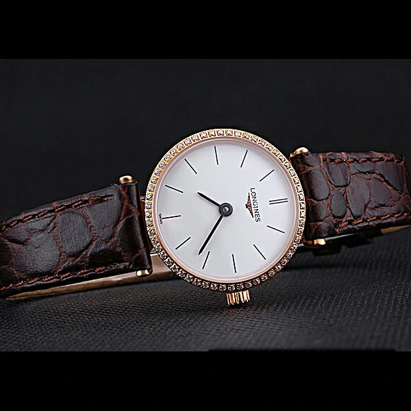 Longines La Grande Classique Diamond Bezel White Dial Brown Leather Strap Femme new60015