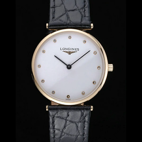 Longines La Grande Classique White Dial Black Leather Strap Diamond Markers Homme new60018