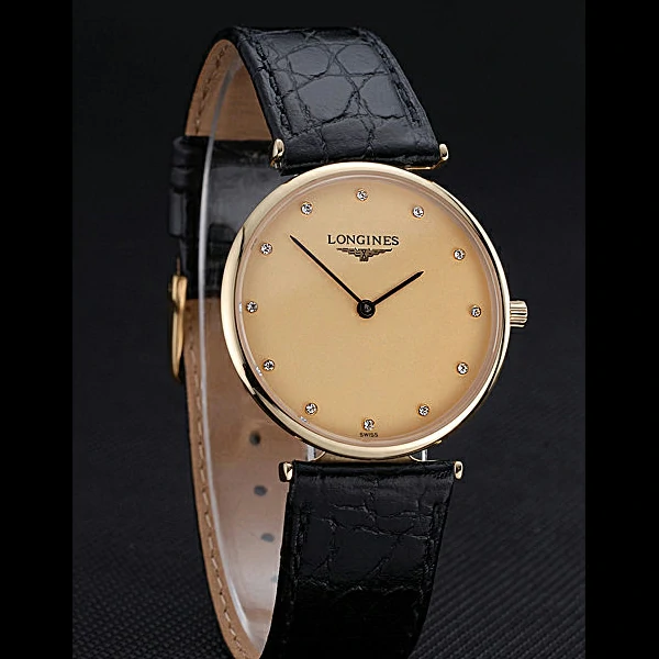 Longines La Grande Classique Champagne Dial Black Leather Band Diamond Markers Homme new60022