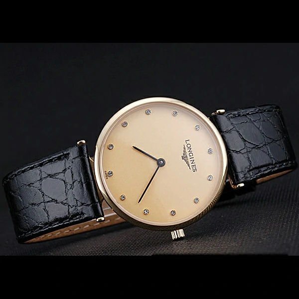 Longines La Grande Classique Champagne Dial Black Leather Band Diamond Markers Homme new60022