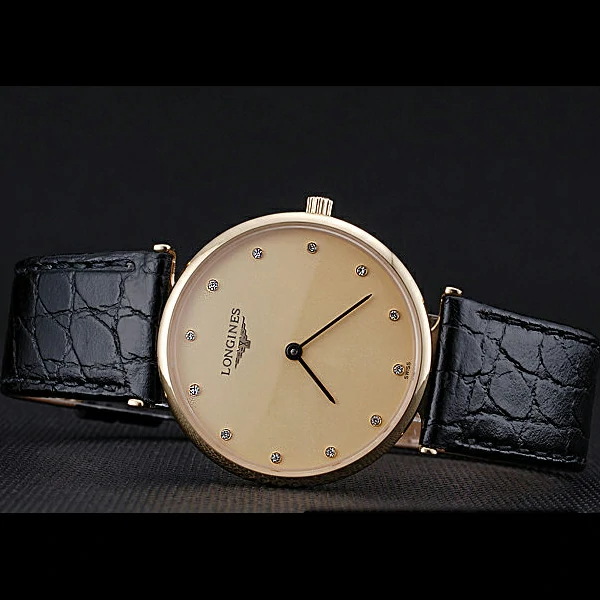 Longines La Grande Classique Champagne Dial Black Leather Band Diamond Markers Homme new60022