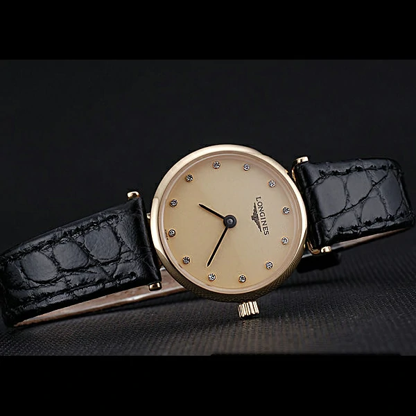 Longines La Grande Classique Champagne Dial Black Leather Band Diamond Markers Femme new60023