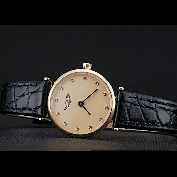 Longines La Grande Classique Champagne Dial Black Leather Band Diamond Markers Femme new60023