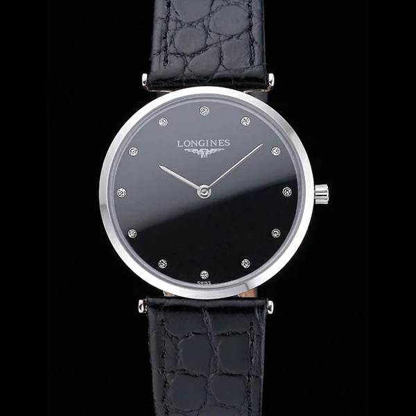 Longines La Grande Classique Black Dial Black Leather Band Diamond Markers Homme new60030