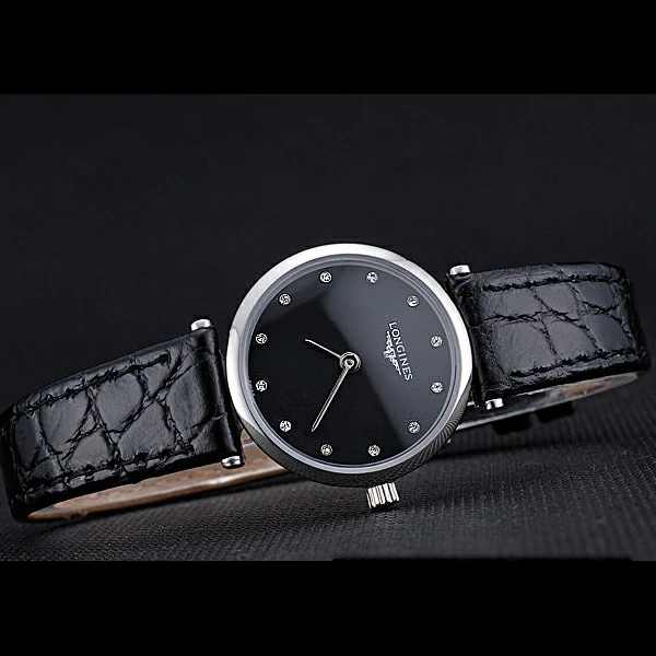 Longines La Grande Classique Black Dial Black Leather Band Diamond Markers Femme new60031