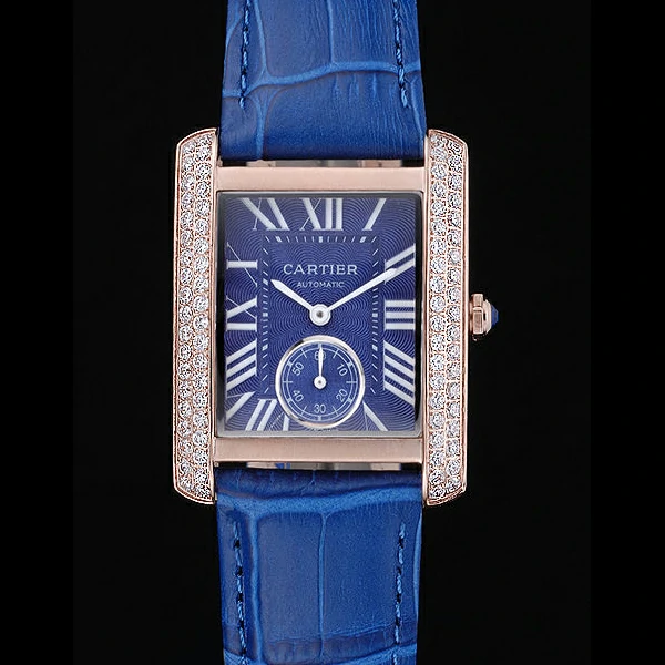 Cartier Tank MC Gold Diamond Case Blue Dial Blue Leather Stap new60069