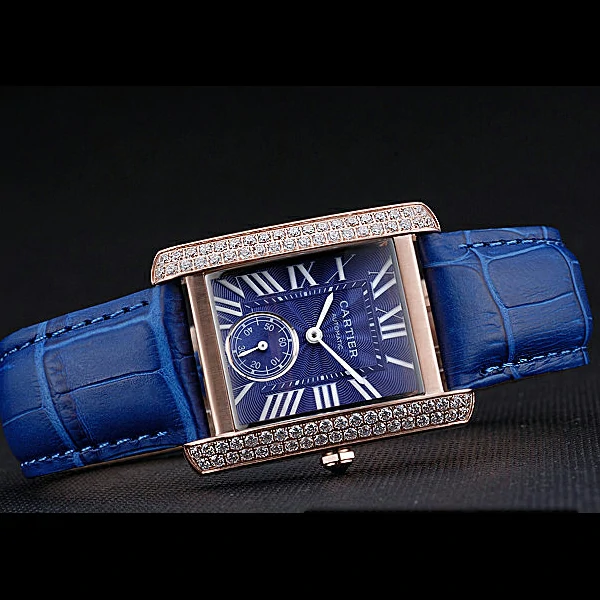 Cartier Tank MC Gold Diamond Case Blue Dial Blue Leather Stap new60069
