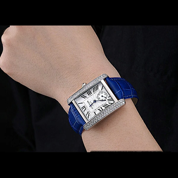 Cartier Tank MC Stainless Steel Diamond Case White Dial Blue Leather Strap new60070