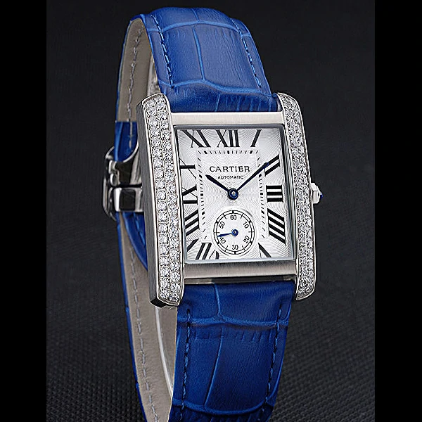 Cartier Tank MC Stainless Steel Diamond Case White Dial Blue Leather Strap new60070