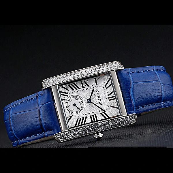 Cartier Tank MC Stainless Steel Diamond Case White Dial Blue Leather Strap new60070