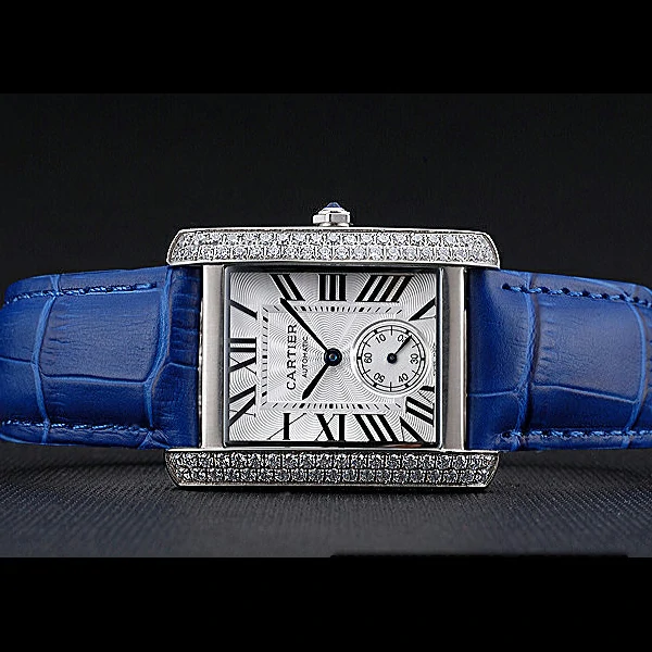 Cartier Tank MC Stainless Steel Diamond Case White Dial Blue Leather Strap new60070