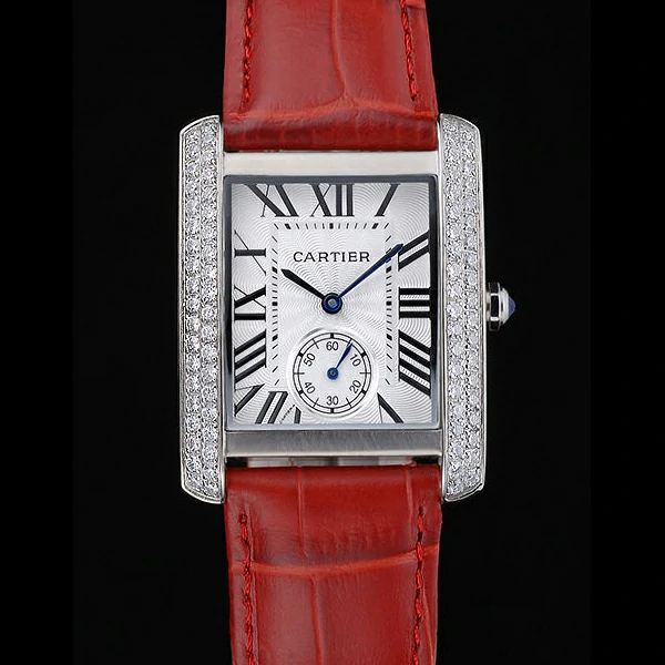Cartier Tank MC Stainless Steel Diamond Case White Dial Red Leather Strap new60071