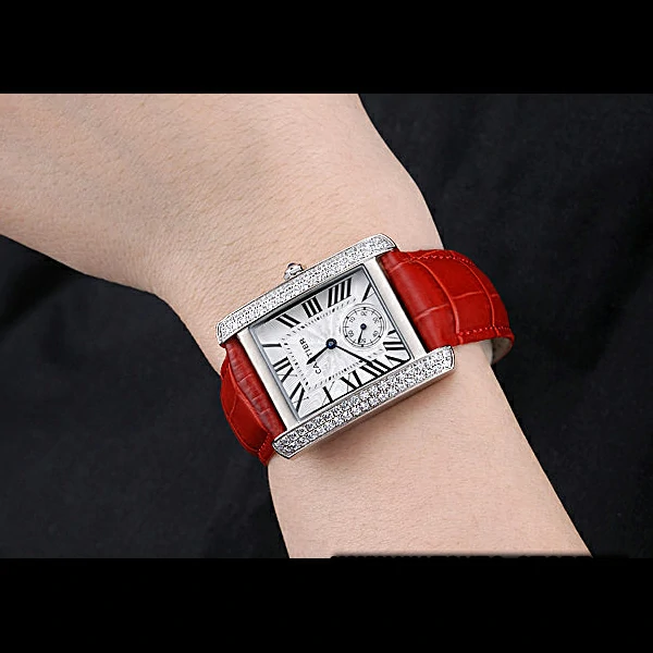 Cartier Tank MC Stainless Steel Diamond Case White Dial Red Leather Strap new60071