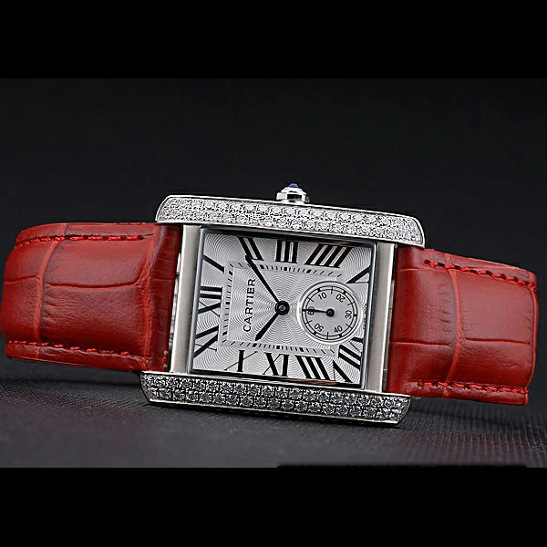 Cartier Tank MC Stainless Steel Diamond Case White Dial Red Leather Strap new60071