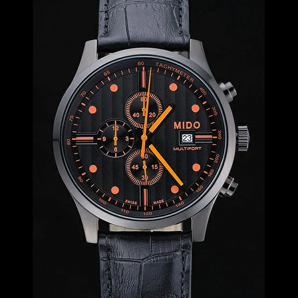 Mido Multifort Cronograph All Black & Orange Dial Black Leather Strap new60079