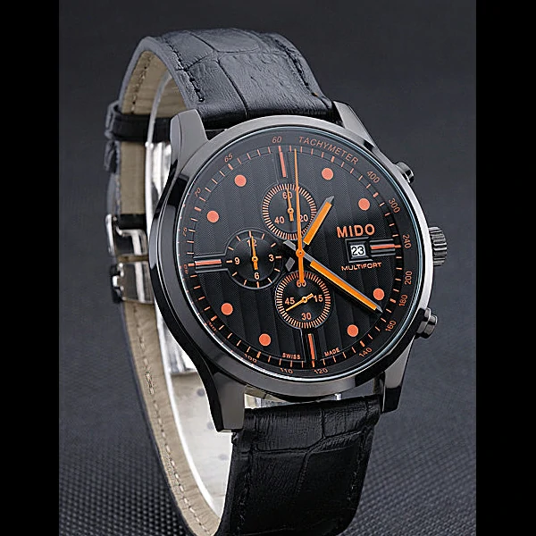 Mido Multifort Cronograph All Black & Orange Dial Black Leather Strap new60079