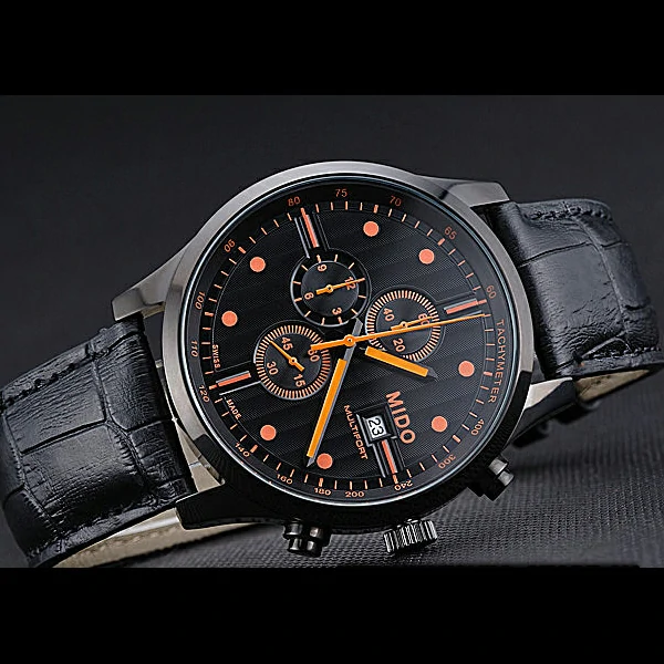 Mido Multifort Cronograph All Black & Orange Dial Black Leather Strap new60079