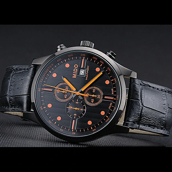 Mido Multifort Cronograph All Black & Orange Dial Black Leather Strap new60079