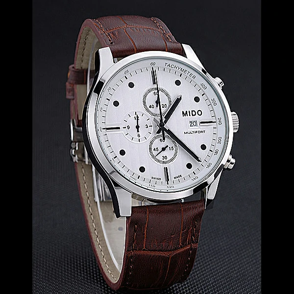 Mido Multifort Cronograph All White & Black Dial Brown Leather Strap new60081