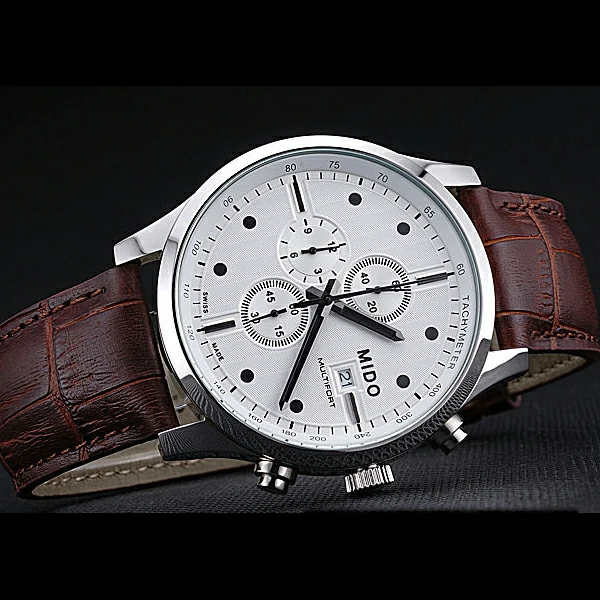 Mido Multifort Cronograph All White & Black Dial Brown Leather Strap new60081
