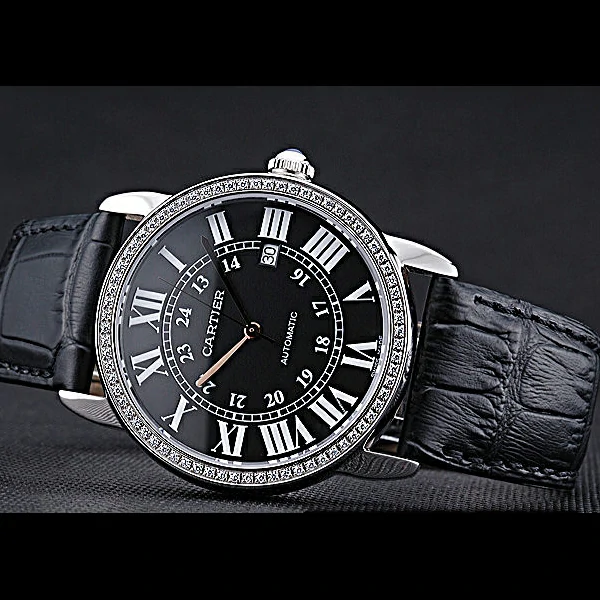 Cartier Ronde Solo Stainless Steel Diamond Case Black Dial Roman Numerals new60093