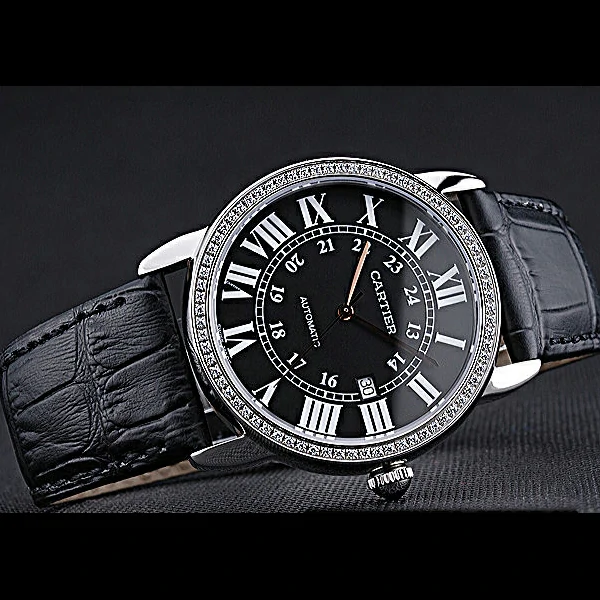Cartier Ronde Solo Stainless Steel Diamond Case Black Dial Roman Numerals new60093