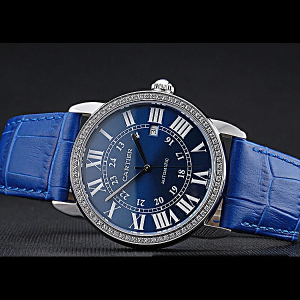 Cartier Ronde Solo Stainless Steel Diamond Case Blue Dial Roman Numerals new60094