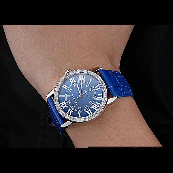 Cartier Ronde Solo Stainless Steel Diamond Case Blue Dial Roman Numerals new60094