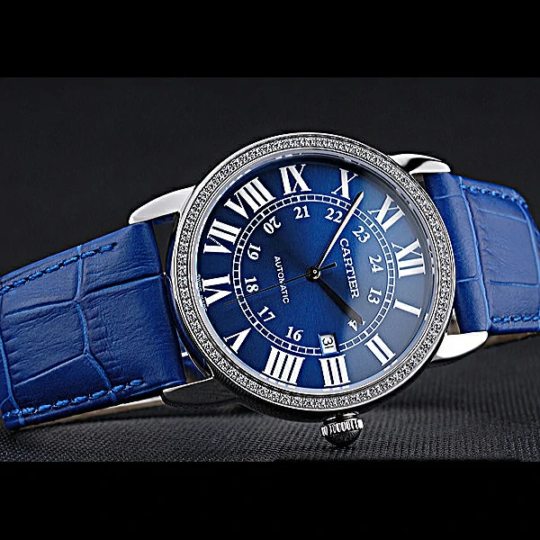 Cartier Ronde Solo Stainless Steel Diamond Case Blue Dial Roman Numerals new60094