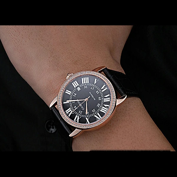 Cartier Ronde Solo Gold Diamond Case Black Dial Roman Numerals new60104
