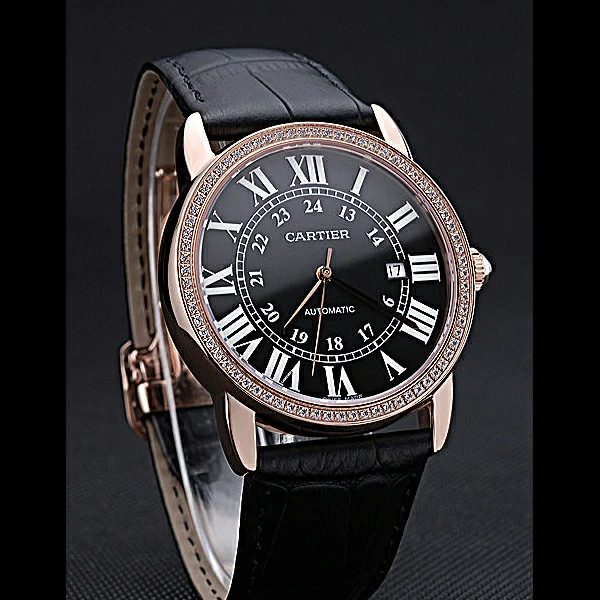 Cartier Ronde Solo Gold Diamond Case Black Dial Roman Numerals new60104