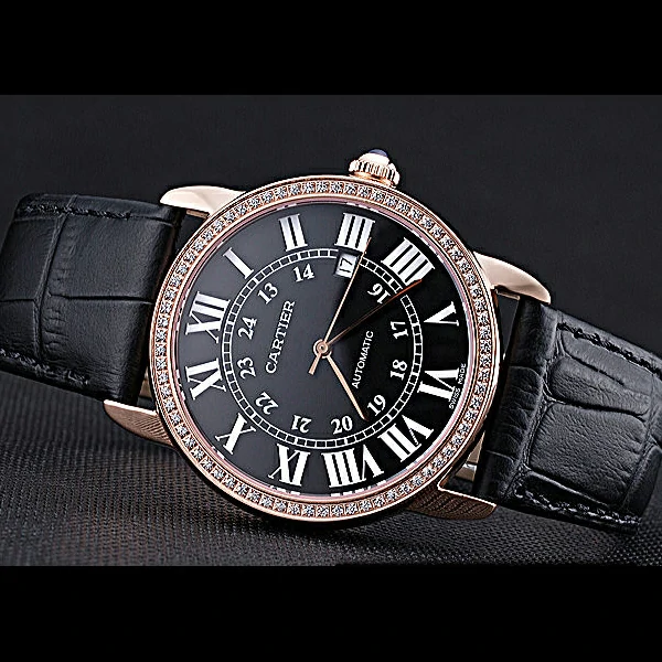Cartier Ronde Solo Gold Diamond Case Black Dial Roman Numerals new60104
