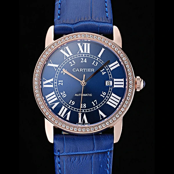 Cartier Ronde Solo Gold Diamond Case Blue Dial Roman Numerals new60105