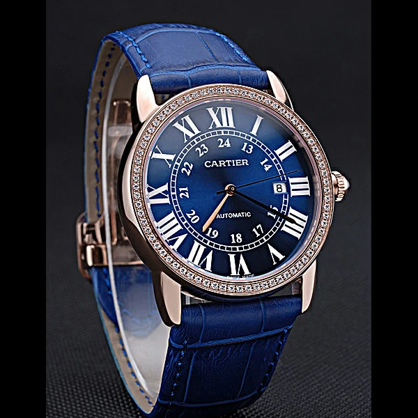 Cartier Ronde Solo Gold Diamond Case Blue Dial Roman Numerals new60105