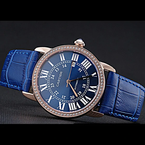 Cartier Ronde Solo Gold Diamond Case Blue Dial Roman Numerals new60105