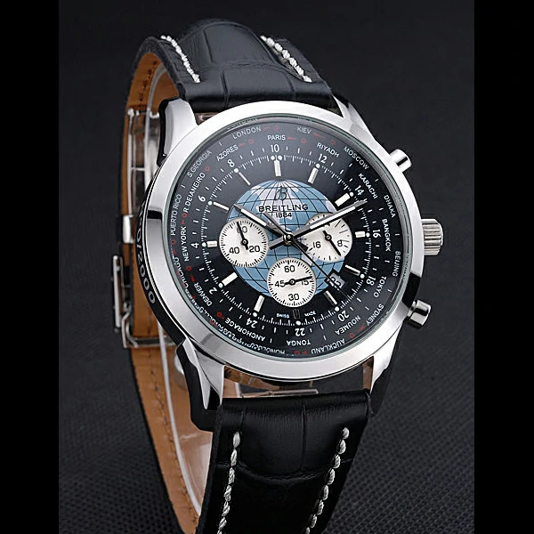 Breitling Transocean Chronograph Unitime Black Dial Stainless Steel Case Black Leather Bracelet new60138