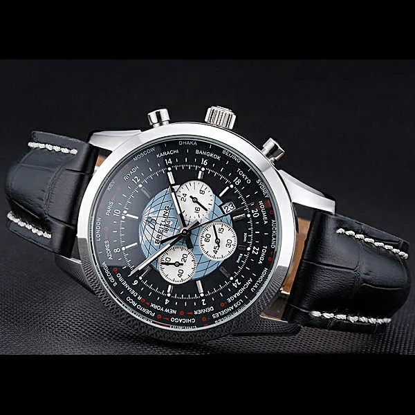 Breitling Transocean Chronograph Unitime Black Dial Stainless Steel Case Black Leather Bracelet new60138