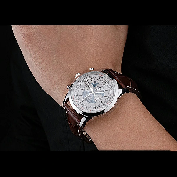 Breitling Transocean Chronograph Unitime White Dial Stainless Steel Case Brown Leather Bracelet new60140
