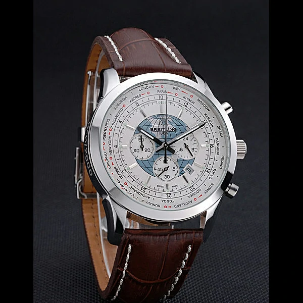 Breitling Transocean Chronograph Unitime White Dial Stainless Steel Case Brown Leather Bracelet new60140