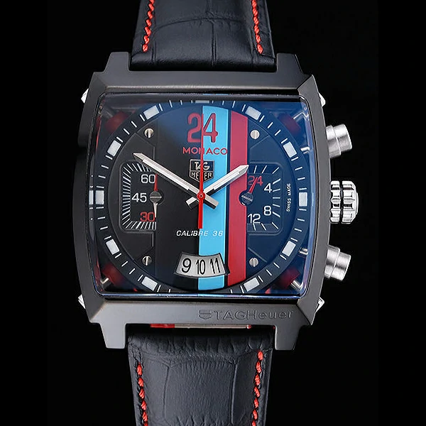 Tag Heuer Monaco Calibre 36 Blue And Red Dial Stripes Dial Black Leather Strap new60168