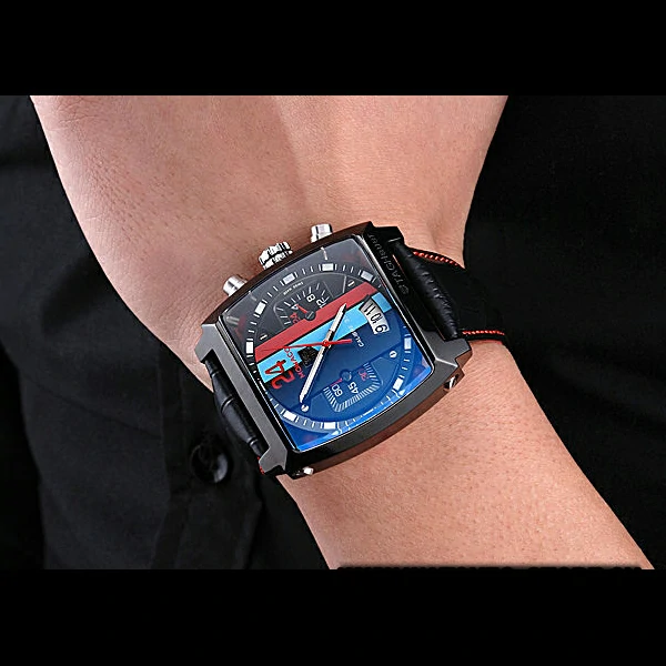 Tag Heuer Monaco Calibre 36 Blue And Red Dial Stripes Dial Black Leather Strap new60168