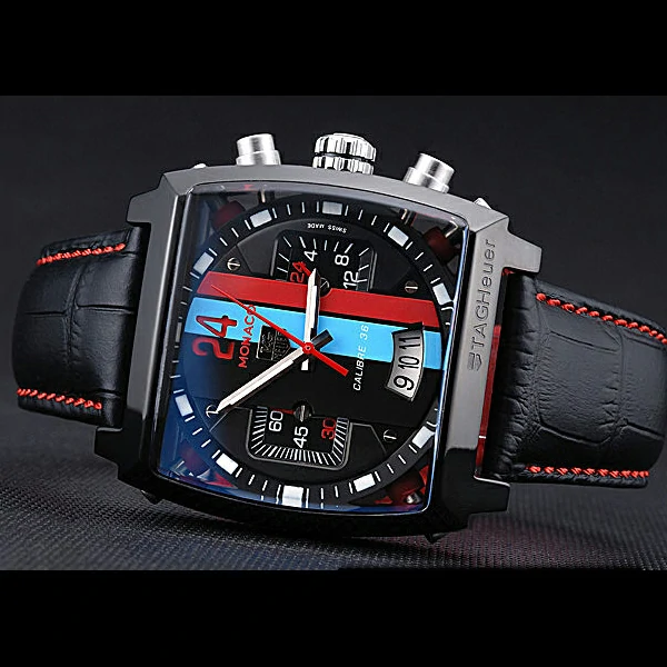 Tag Heuer Monaco Calibre 36 Blue And Red Dial Stripes Dial Black Leather Strap new60168