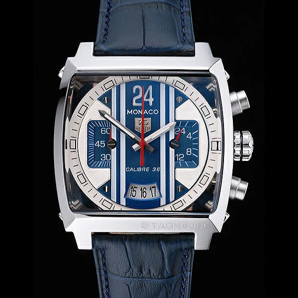 Tag Heuer Monaco 24 Calibre 36 Chronograph Blue And Grey Stripes Dial Blue Leather Strap new60169