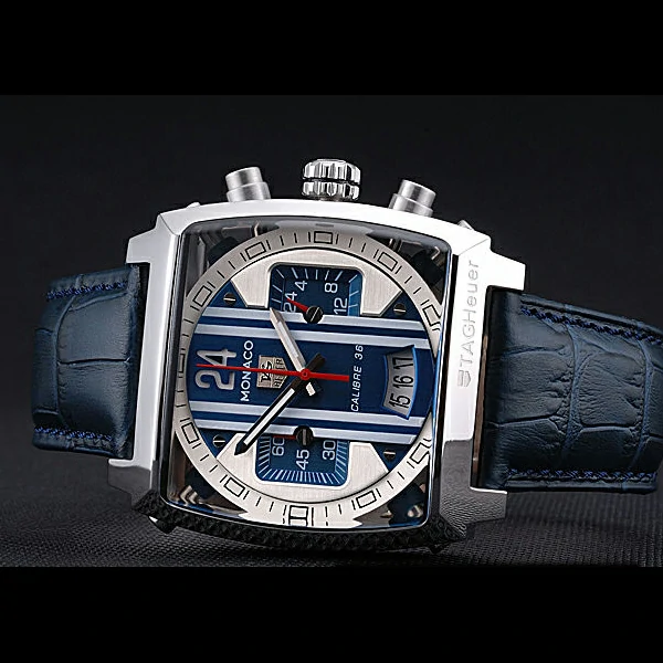 Tag Heuer Monaco 24 Calibre 36 Chronograph Blue And Grey Stripes Dial Blue Leather Strap new60169
