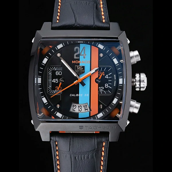 Tag Heuer Monaco Calibre 36 Blue And Orange Stripes Dial Black Leather Strap new60198
