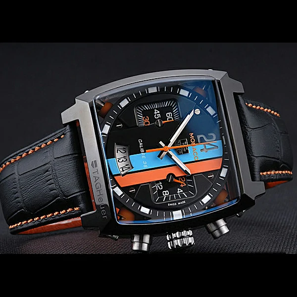 Tag Heuer Monaco Calibre 36 Blue And Orange Stripes Dial Black Leather Strap new60198