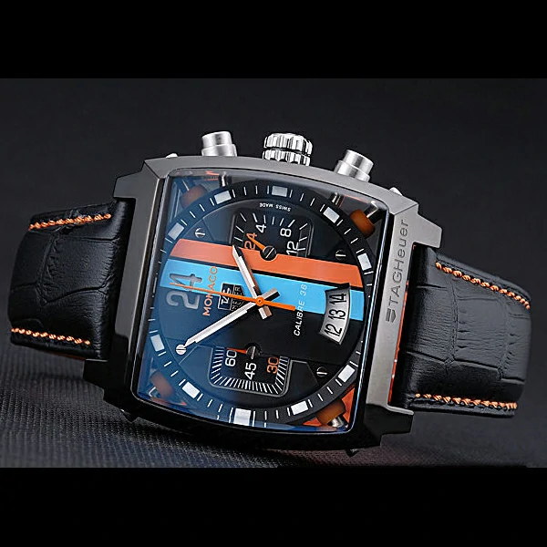 Tag Heuer Monaco Calibre 36 Blue And Orange Stripes Dial Black Leather Strap new60198