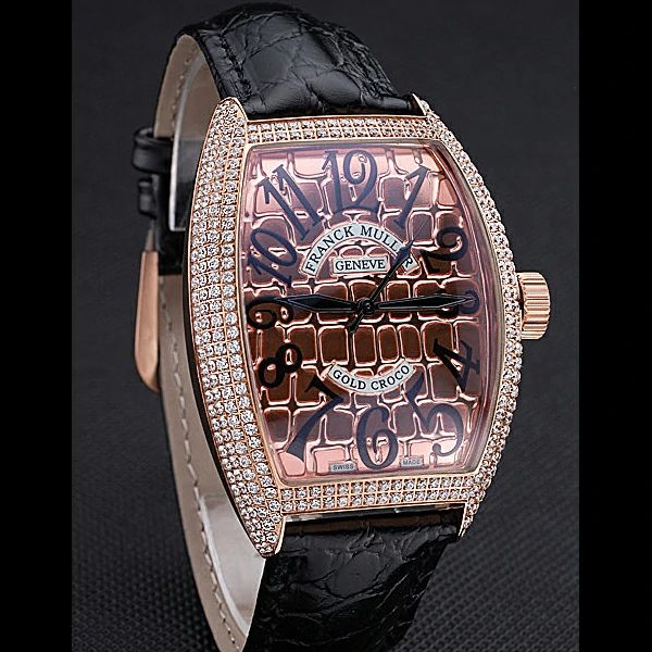 Franck Muller Gold Croco Diamonds Case Black Leather Strap new60247
